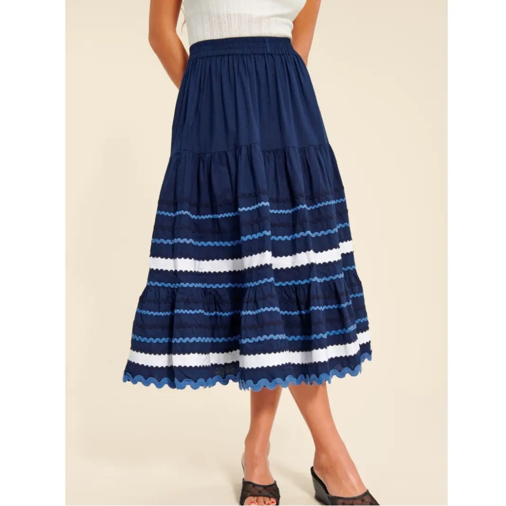 Rouje navy and white tiered cotton midi skirt.